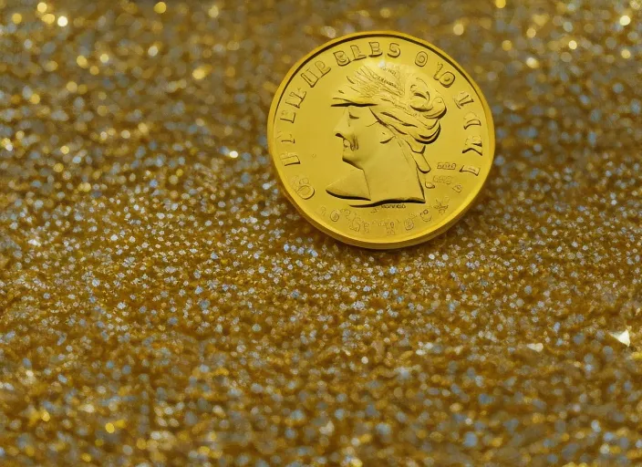 gold banknotes and coins with white and yellow luster particles