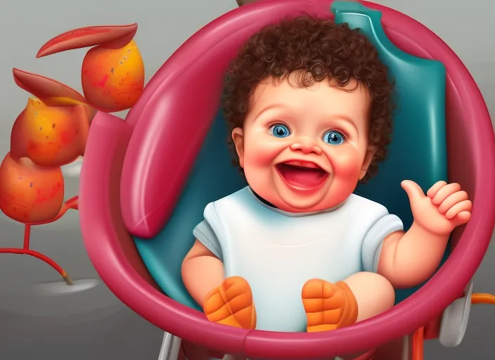 cheerful baby, smiling, very cute. sits in a stroller.Realistic, highly detailed, in the realistic  style

