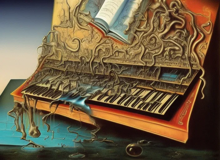 a synthesizer is melting, storybook illustration,surreal masterpiece by salvador dali