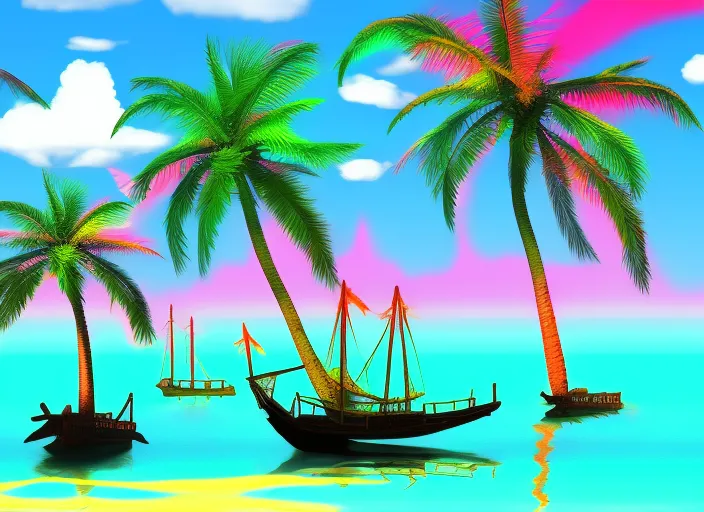 A neon beach , coconut trees , Ship