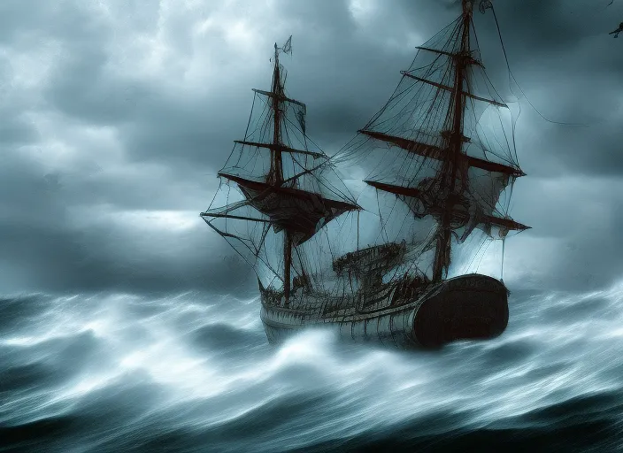 there is a ship in the middle of teh ocean. the storm is coming and everything is dark grey
