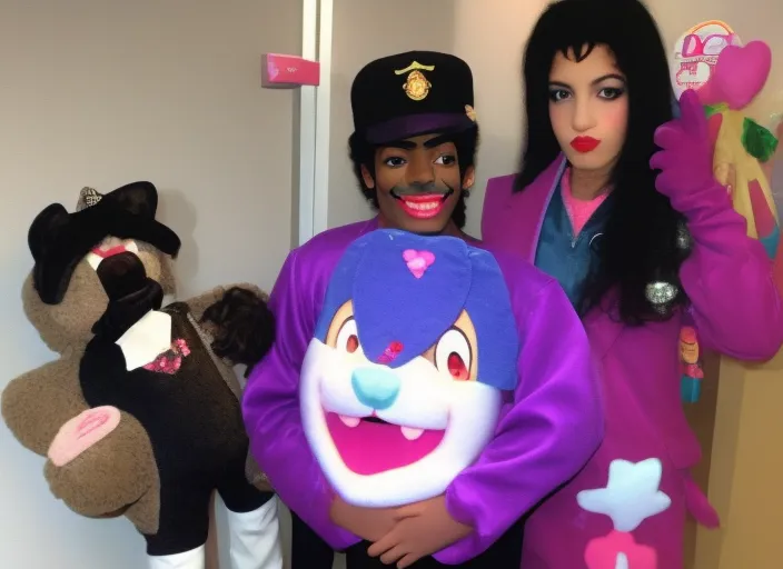 Michael Jackson dressed as a kawaii girl holding a cute teddy bear