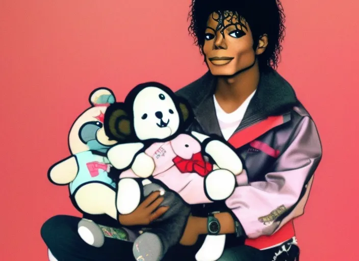 Michael Jackson as a kawaii girl holding a cute teddy bear