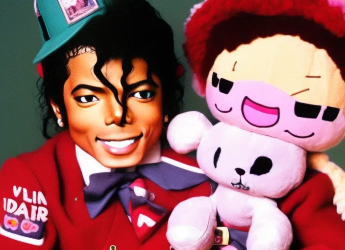 Michael Jackson as a kawaii girl holding a cute teddy bear