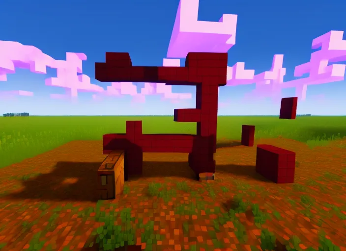 pi symbol nether portal in a meadow with archery targets in the background, rectangular clouds like in minecraft sky