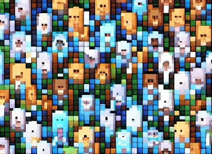 Minecraft characters surfing, realistic water, pixel faces
