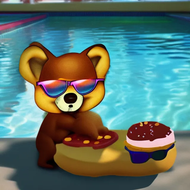 a baby wolf with sunglasses eating a cheeseburger by the pool, digital art