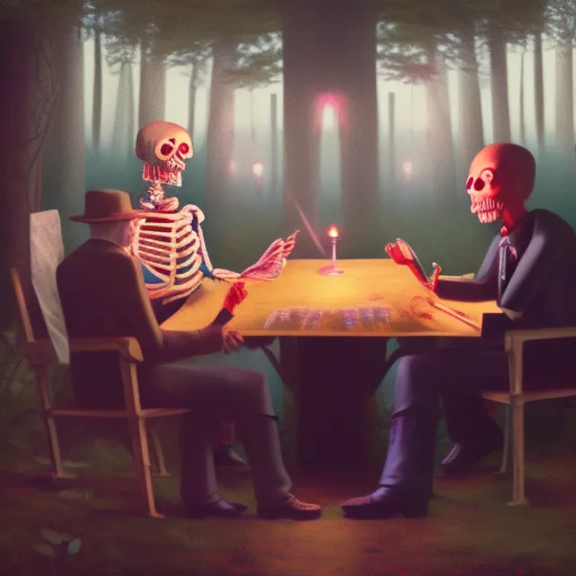 Skeleton and Surgeon and Policeman and Mystic playing cards at night sitting at square table in forest