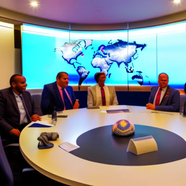 The image shows a meeting room in a government building where several political leaders from different parts of the world are seated around a round table. On the screen on the wall, there is an image of a fleet of alien ships approaching Earth. The political leaders are heatedly discussing and trying to find a solution to confront this extraterrestrial threat. One of the leaders, who seems to be the President of the United States, is speaking at the moment and pointing to the screen with a concerned gesture while the others listen attentively. Other leaders, such as the Prime Minister of China and the Chancellor of Germany, appear to be discussing possible strategies and solutions. The atmosphere is tense, and the urgency in the room can be felt as everyone works together to find a way to protect humanity from this alien invasion