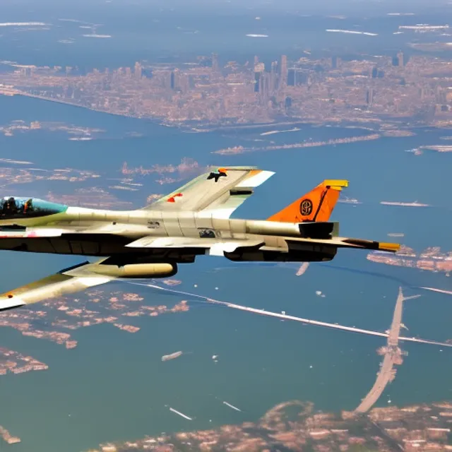 A F16 army plane flying over the city 