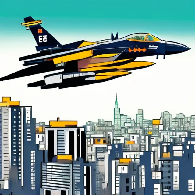 A F16 army plane flying over the city .cómic style 