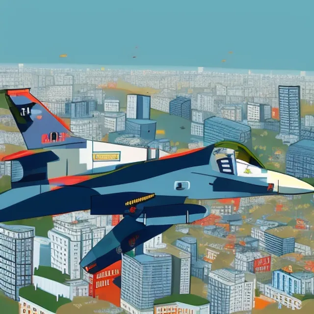 A F16 army plane flying over the city .cartoon style 