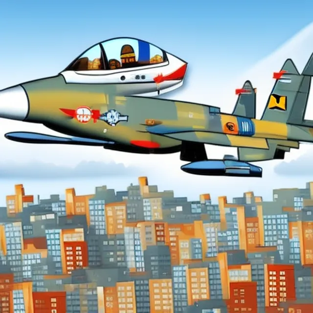 A F16 army plane flying over the city droping a bomb.cartoon style 