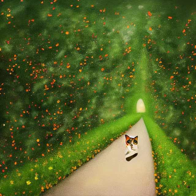 man with cat face, walking along a path at night. On each side of the path, there are fireflies in bushes