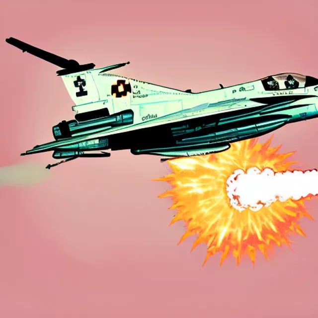 a F16 army plane droping a nuclear bomb over a saucer.Make the ovni explode.Comic style