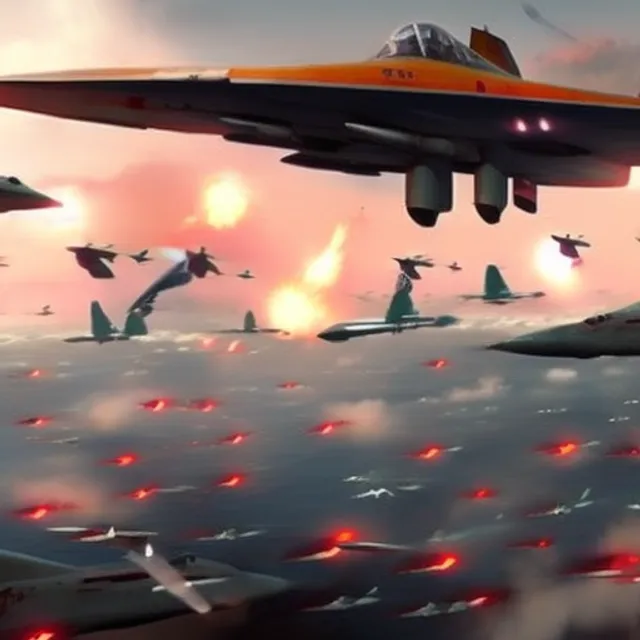 American army planes destroying a fleet of alien UFOs. Make it look like the independence day movie