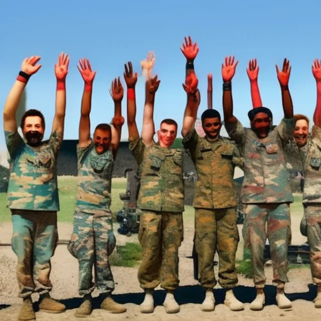 civilians and army soldiers with their hands up in happiness and victory in a position of gratitude.GENMO STYLE