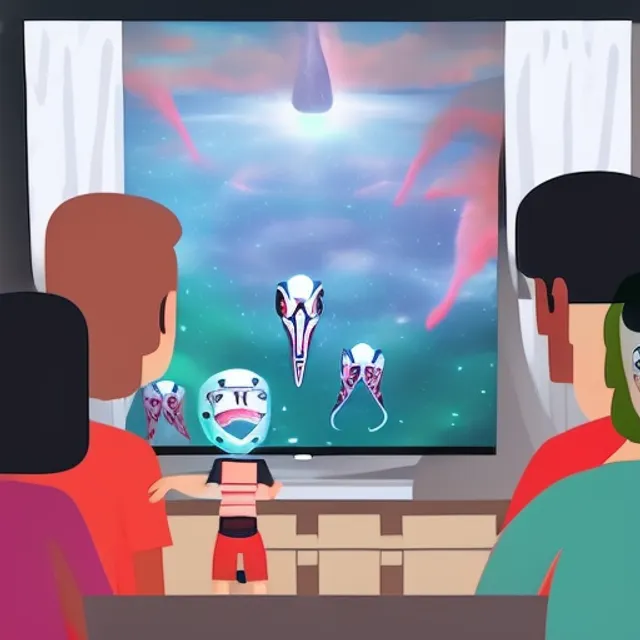 A family watching the news on a TV about an alien invasion,full HD,8k,comic style,3/4 portrait