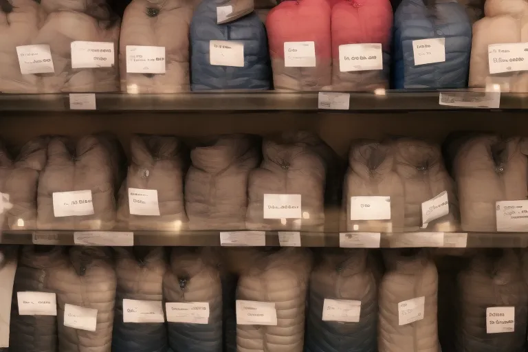 a row of puffer jackets in different colors and sizes hanging on a store shelf