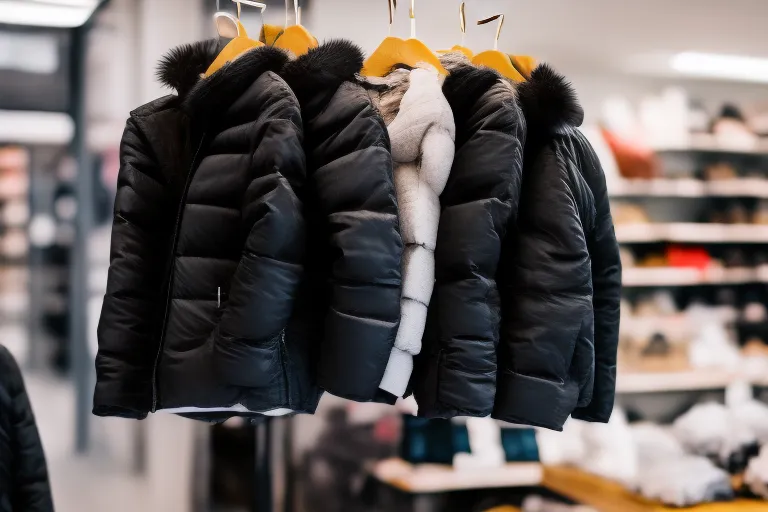 a close-up of a black puffer jacket with a fur-trimmed hood hanging on a store shelf