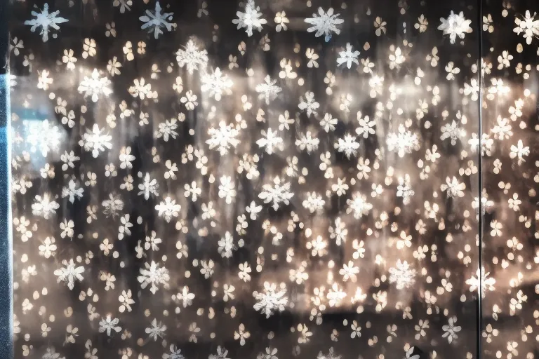 a display of puffer jackets in a store window, with snowflakes falling outside