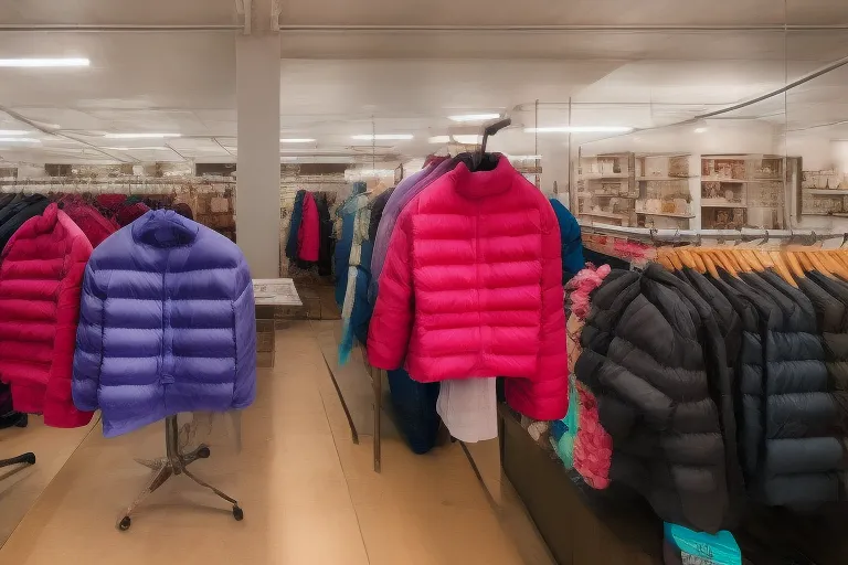 a puffer jacket in a bright, eye-catching color hanging on a store shelf