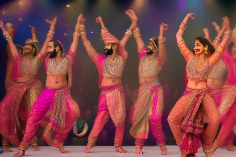 a group of Bollywood dancers performing on stage with a crowd of people cheering in the background