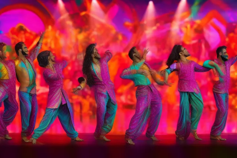 a group of Bollywood dancers performing a lively dance routine on a stage with a colorful and vibrant music scene in the background