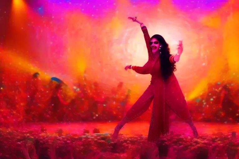 a beautiful Bollywood actress dancing on a stage with a colorful and vibrant music scene in the background