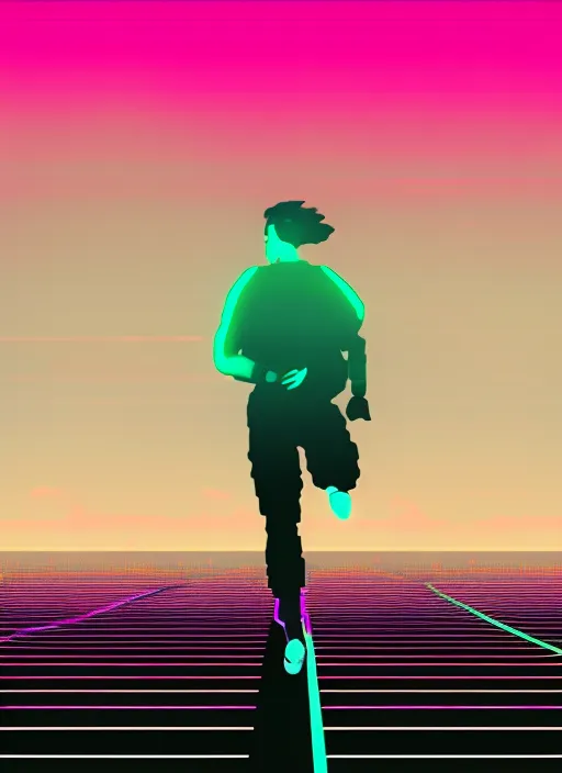 man running down a digital landscape, retro wave, synth wave 