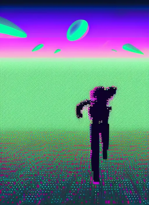 man running down a digital landscape, retro wave, synth wave 