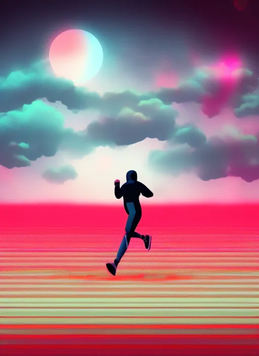 man running down a dark landscape, retro wave, synth wave 