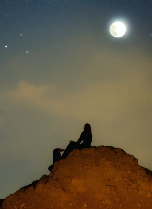 The girl seat on the mountain with stary night and big white moon: Meteor Shvar. Make it a nighttime landscape.