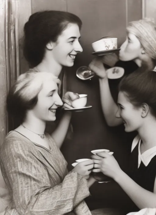 4  young women drinking tea and discussing with each other 