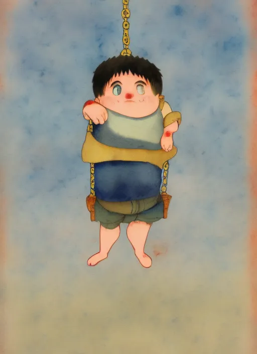 A hand drawn water color studio ghibli art of a chubby funny chubby cute jubilant boy with a bowl cut swing happily on a swing but a disaster is going on in the background, greg rutkowski, dramatic