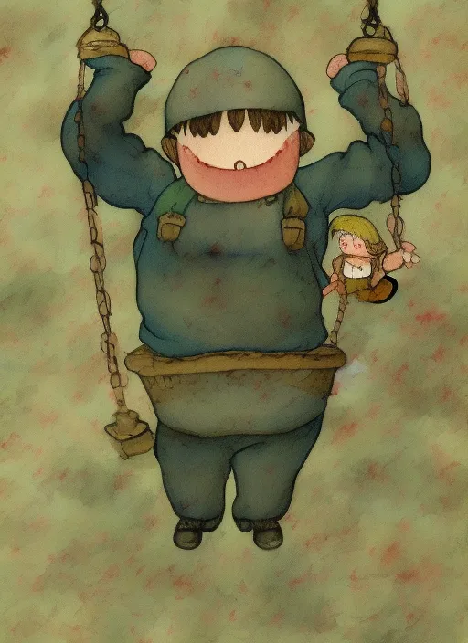 A hand drawn water color studio ghibli art of a chubby funny chubby cute jubilant boy with a bowl cut swing happily on a swing but a disaster is going on in the background, greg rutkowski, dramatic