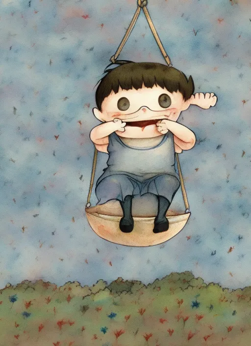 A hand drawn water color studio ghibli art of a chubby funny chubby cute jubilant boy with a bowl cut swing happily on a swing but a disaster is going on in the background, greg rutkowski, dramatic