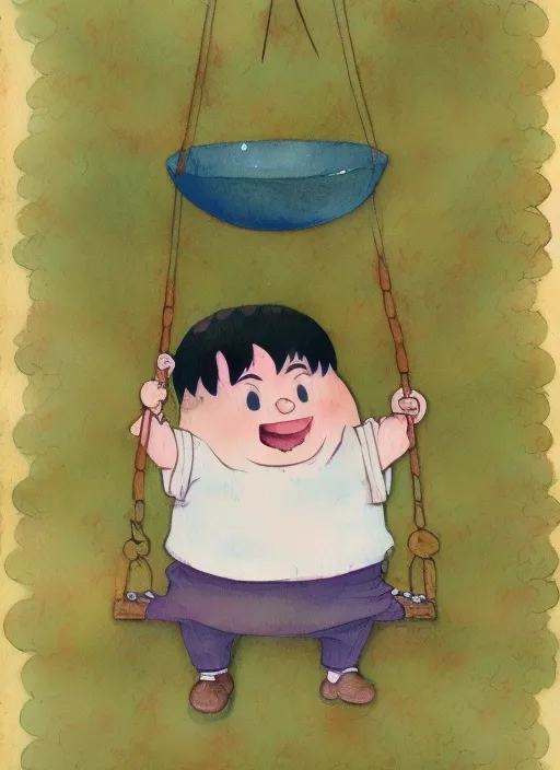 A hand drawn water color studio ghibli art of a chubby funny chubby cute jubilant boy with a bowl cut swing happily on a swing but a disaster is going on in the background, greg rutkowski, dramatic