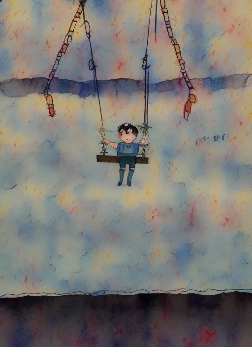 A hand drawn water color studio ghibli art of a chubby funny chubby cute jubilant boy with a bowl cut swing happily on a swing but a disaster is going on in the background, greg rutkowski, dramatic