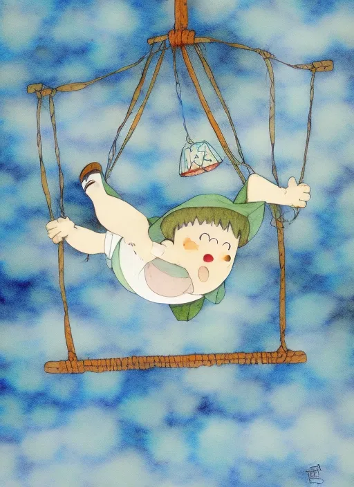 A hand drawn water color studio ghibli art of a chubby funny chubby cute jubilant boy with a bowl cut swing happily on a swing but a disaster is going on in the background, greg rutkowski, dramatic