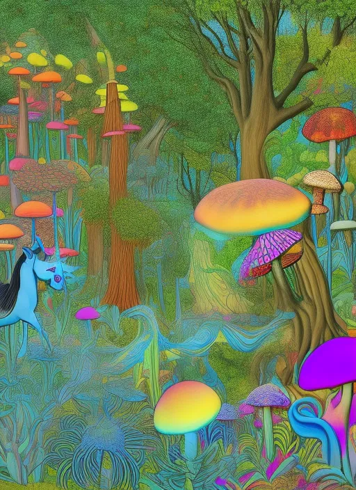 “A beautiful unicorn galloping through a 1960s psychedelia garden in the heart of the forest, full of mushrooms Salvador Dali style. Turn it into a 1960s psychedelia garden”
