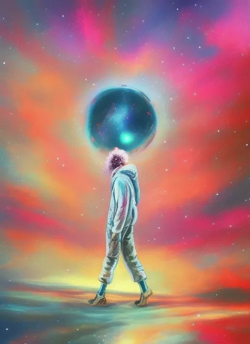 a human been in a middle of the space, realistic and colorful