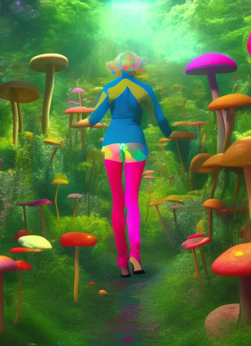 “'A beautifful girl walking happy through a 1960s psychedelia garden in the heart of the forest, full of mushrooms Salvador Dali style. Turn it into a 1960s psychedelia garden' - Full HD, 8K, loop. full hd, high quality, 8k, on loop”
