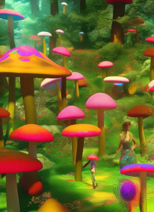 “'A beautifful girl walking happy through a 1960s psychedelia garden in the heart of the forest, full of mushrooms Salvador Dali style. Turn it into a 1960s psychedelia garden' - Full HD, 8K, loop. full hd, high quality, 8k, on loop”
