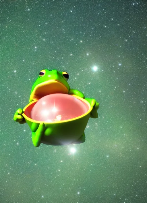 green frog flies through space to the stars