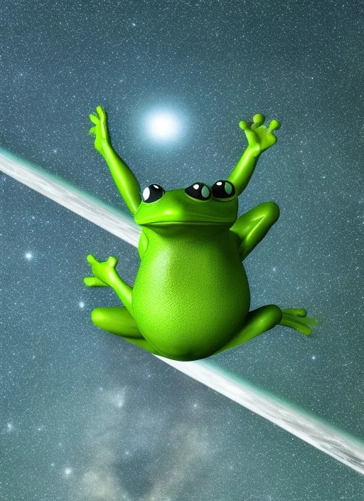 green frog flies through space to the stars