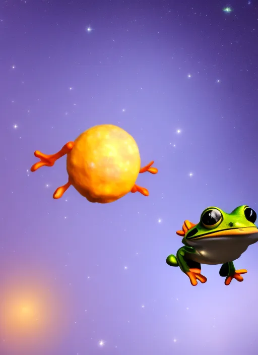 green frog flies through space to the stars