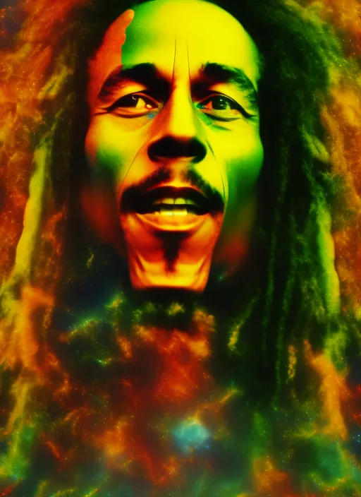 Bob Marley on acid, 8k, trippy, cosmic. Add some trippy psychedelic graphics