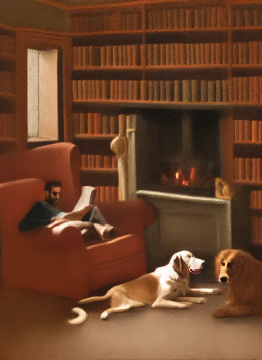 pale young man sitting in an armchair reading beside a big fireplace, bookshelves covering the dark walls, dogs lying on the floor, rule of thirds, dark room, 