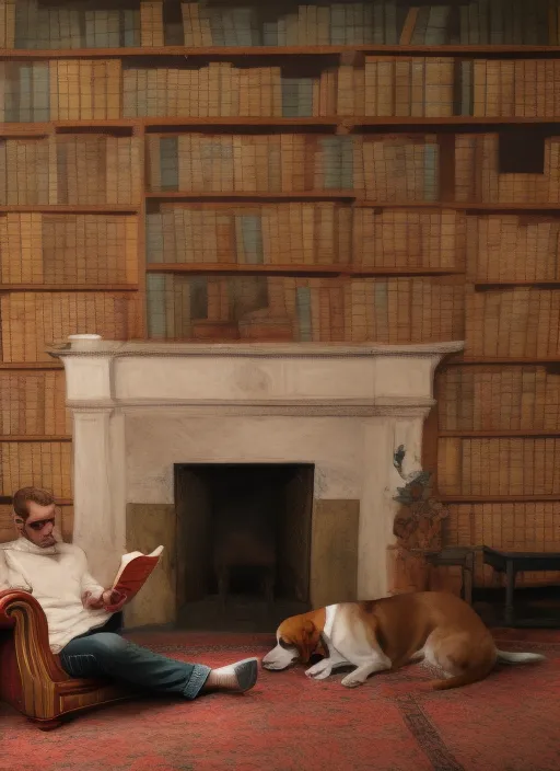 pale young man sitting in an armchair reading beside a big fireplace, bookshelves covering the dark walls, dogs lying on the floor, rule of thirds, dark room, ultra 8k quality with full detail  with a extreme detail,